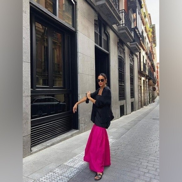 Zara Long Contrast Strapless Black Fuchsia Rhinestone Flare Hem Maxi Dress S - Picture 2 of 7